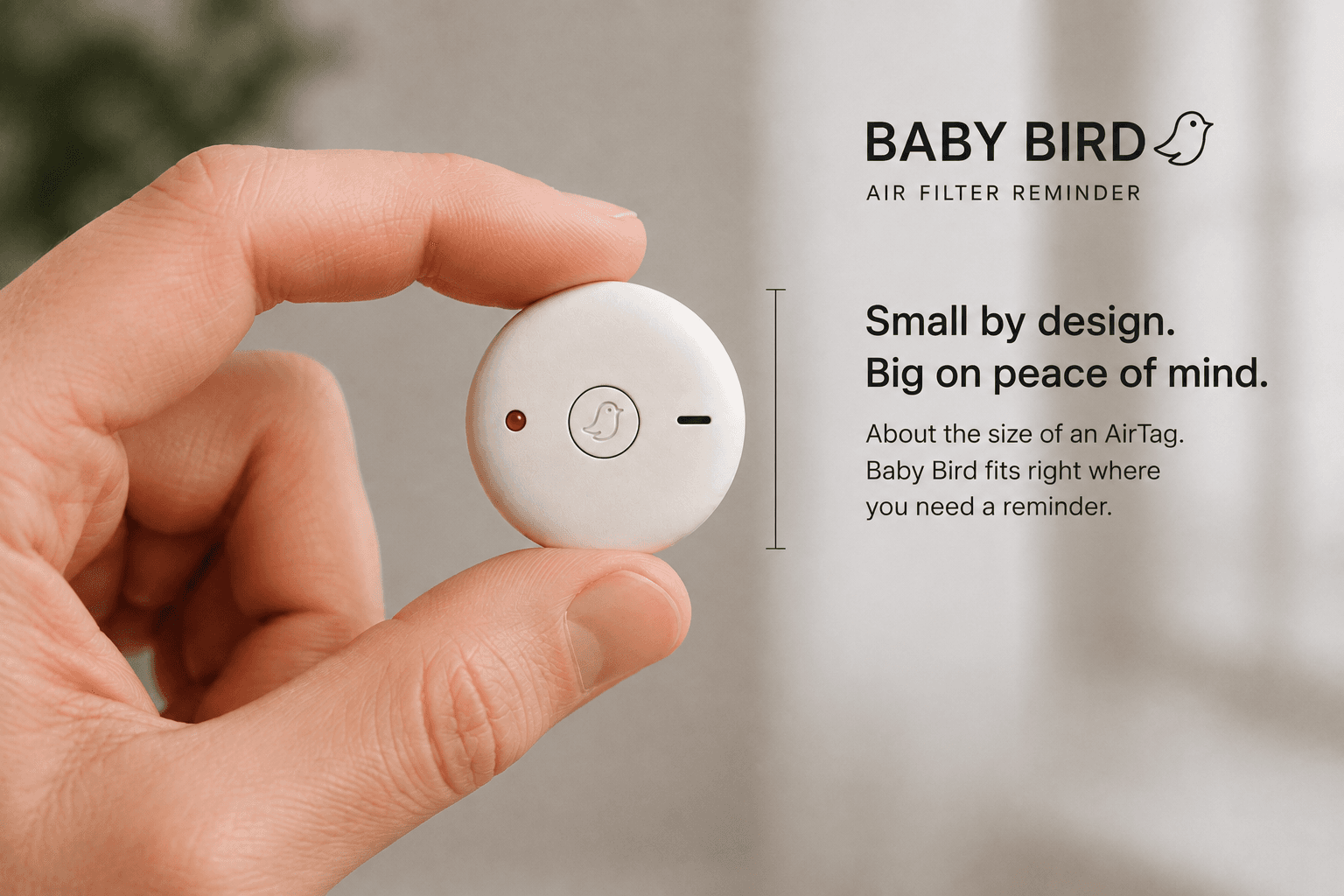 Baby Bird home air filter reminder with red LED, center reset button, and sound indicator