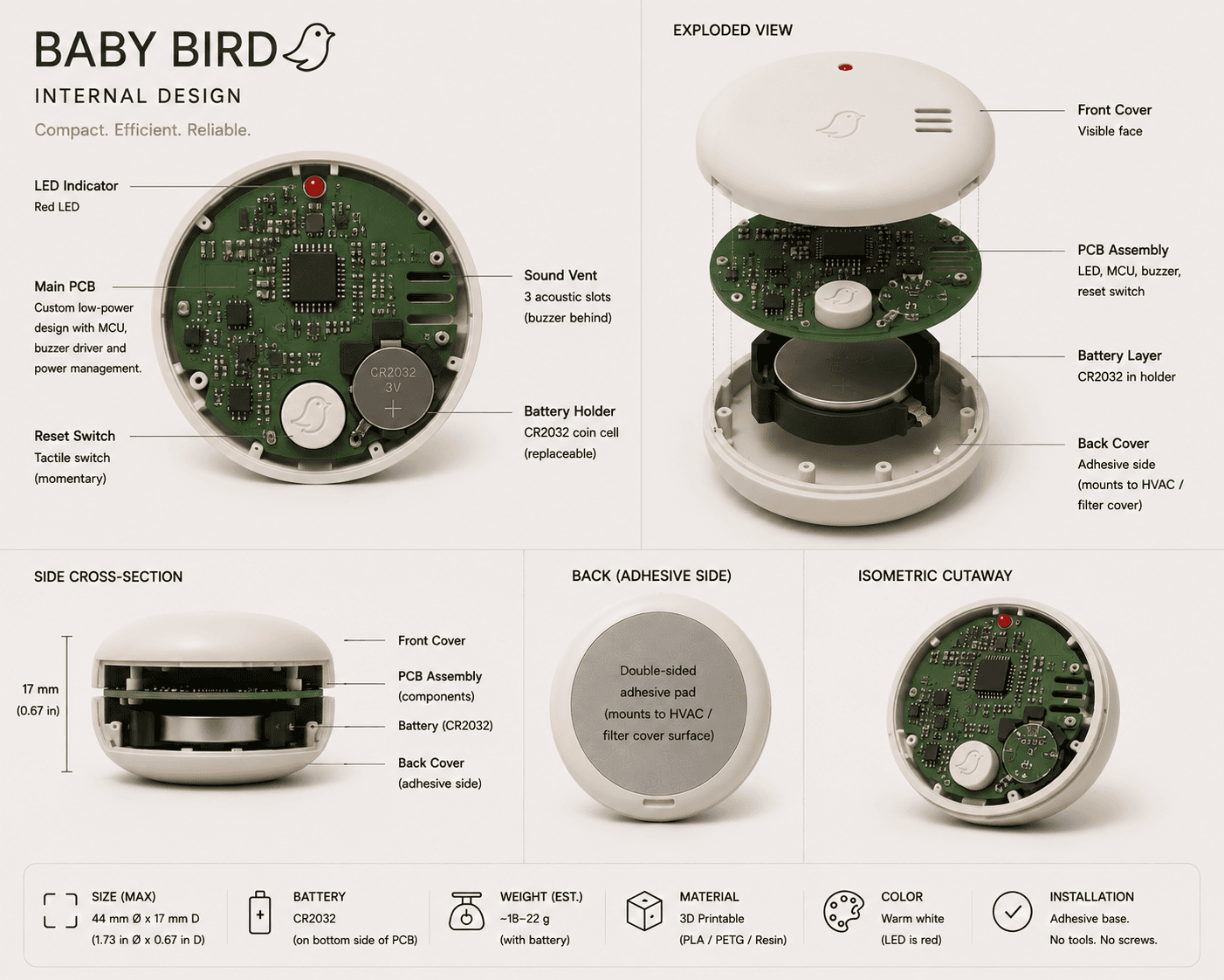 Concept view inside the Baby Bird home air filter reminder showing its circuit board, battery, indicator light, reset control, and buzzer